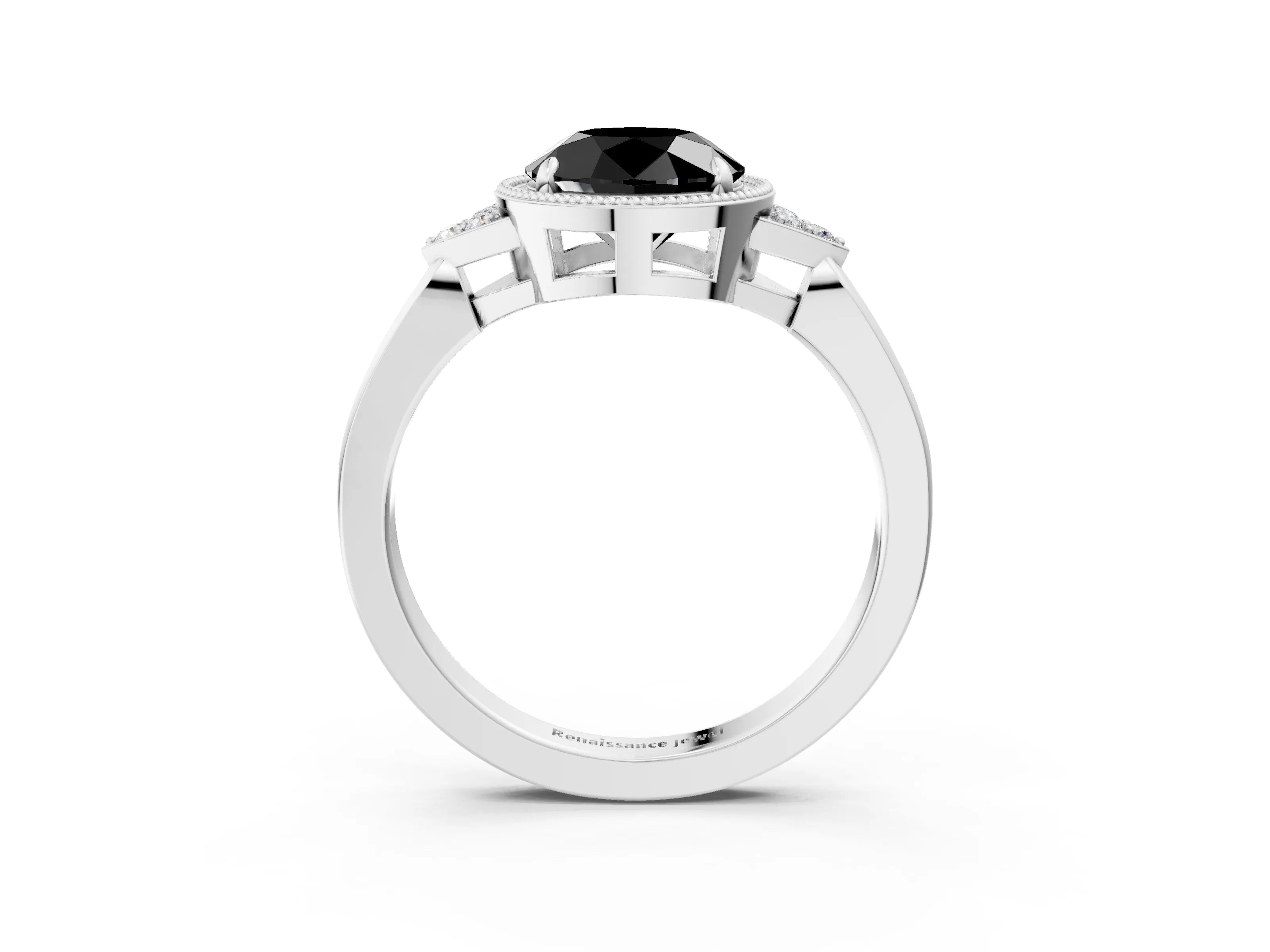 White gold Hexagonal Halo Fancy Black Round Cut Diamond Solitaire with Pavé Band and Four-Prong Setting_42