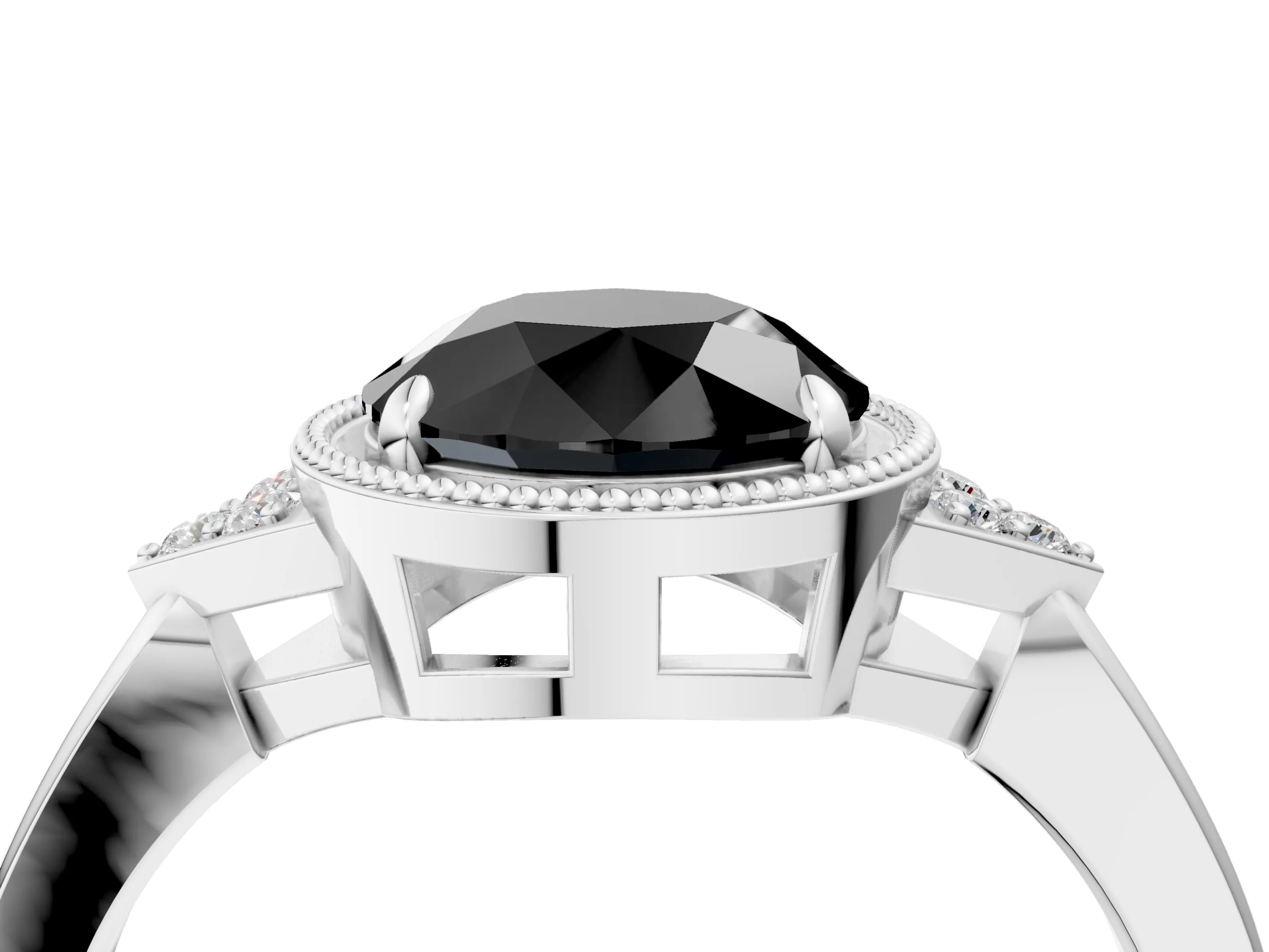 White gold Hexagonal Halo Fancy Black Round Cut Diamond Solitaire with Pavé Band and Four-Prong Setting_43