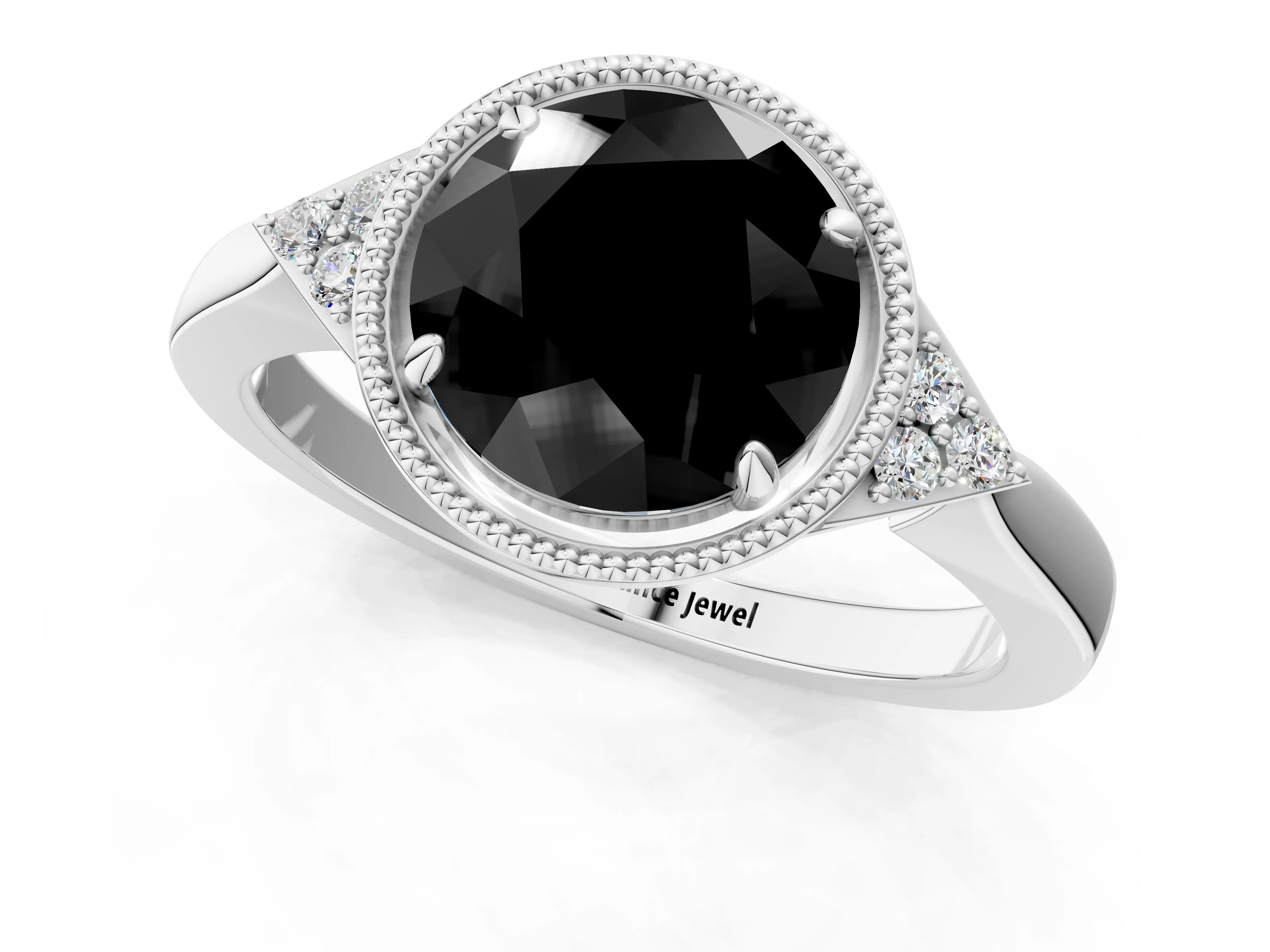 White gold Hexagonal Halo Fancy Black Round Cut Diamond Solitaire with Pavé Band and Four-Prong Setting_4