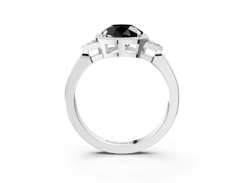 White gold Hexagonal Halo Fancy Black Round Cut Diamond Solitaire with Pavé Band and Four-Prong Setting_6