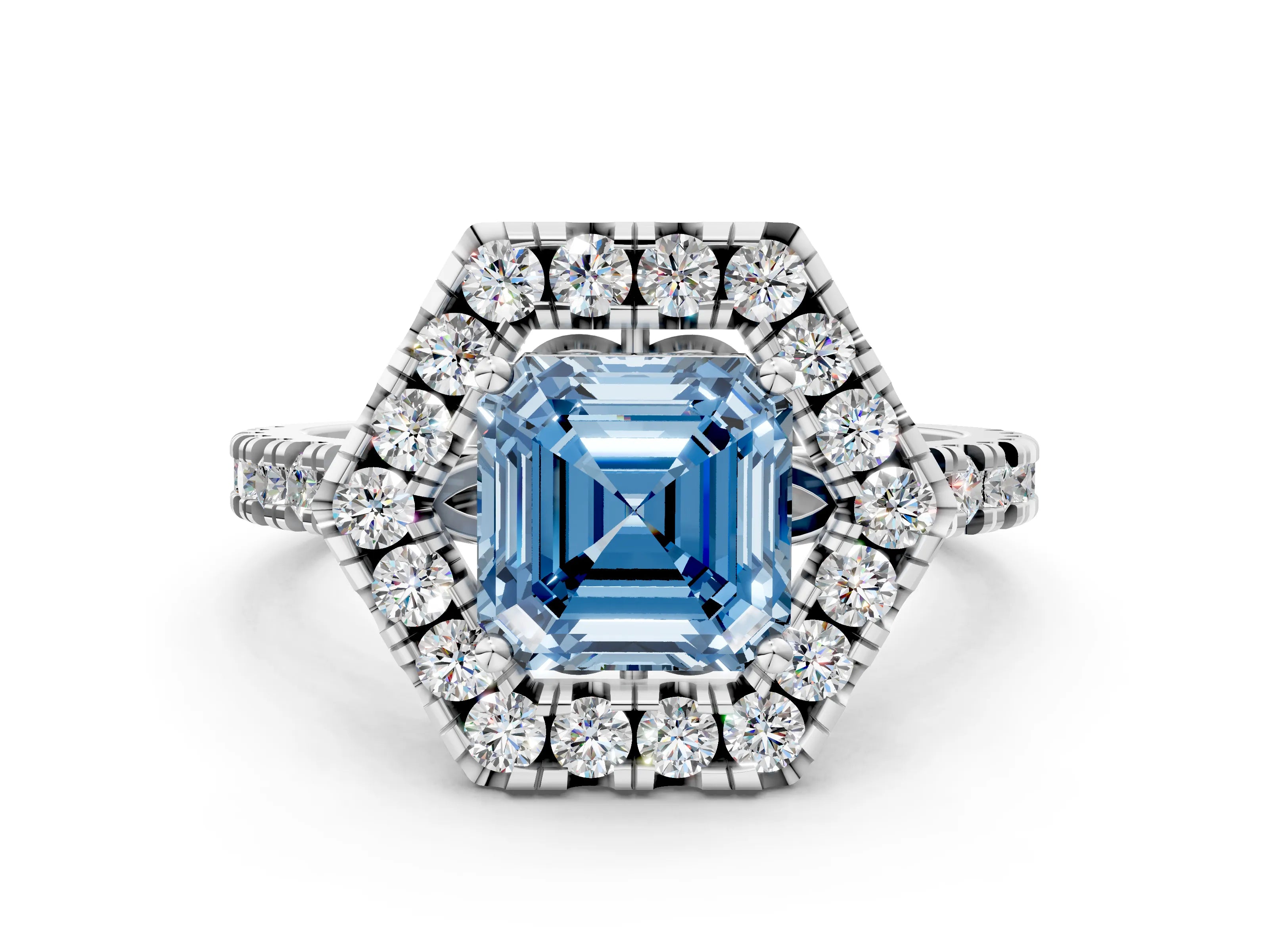 White gold Hexagonal Halo Fancy Blue Asscher Cut Diamond Pavé Band with Four-Prong Setting