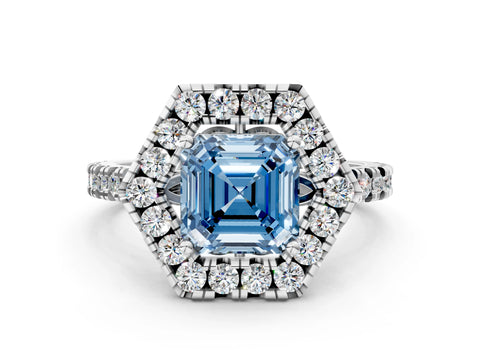 White gold Hexagonal Halo Fancy Blue Asscher Cut Diamond Pavé Band with Four-Prong Setting