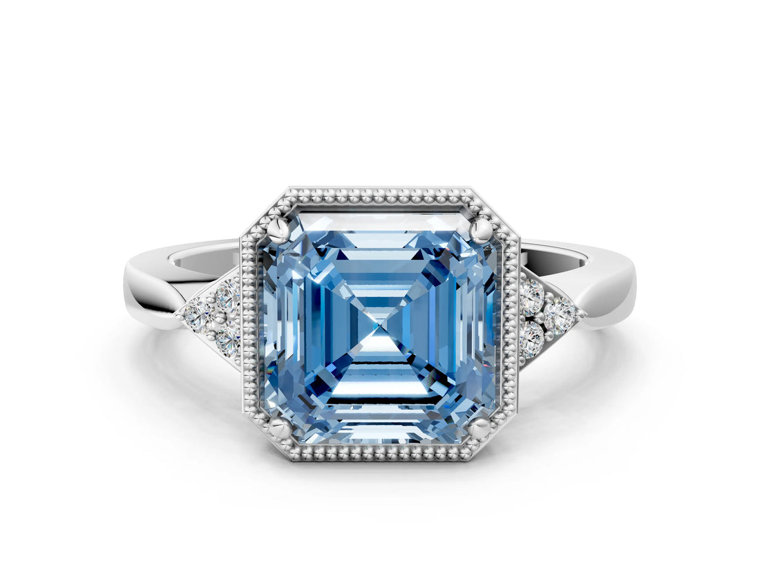 White gold Hexagonal Halo Fancy Blue Asscher Cut Diamond Solitaire with Pavé Band and Four-Prong Setting_15