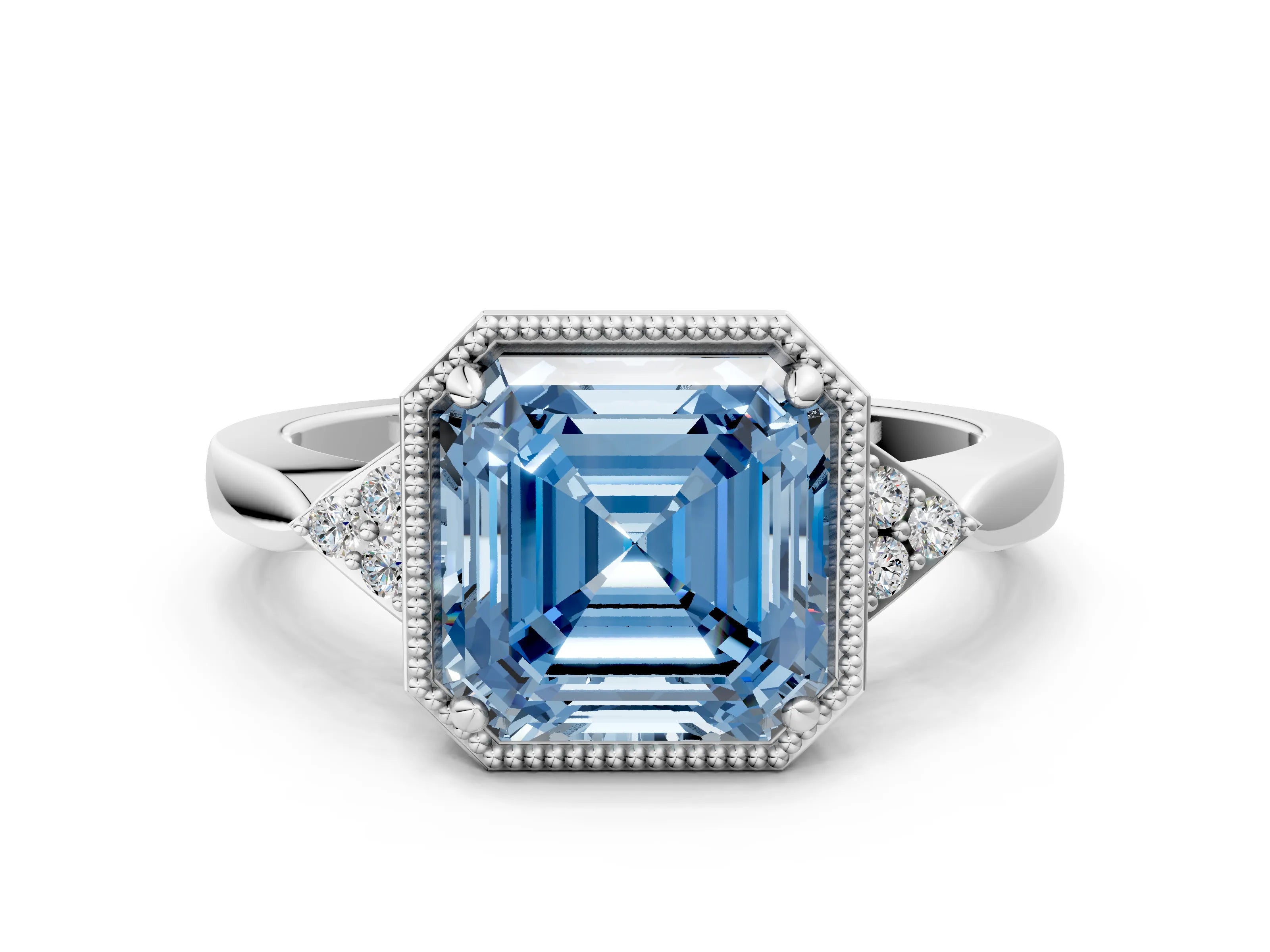 White gold Hexagonal Halo Fancy Blue Asscher Cut Diamond Solitaire with Pavé Band and Four-Prong Setting_15