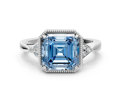 White gold Hexagonal Halo Fancy Blue Asscher Cut Diamond Solitaire with Pavé Band and Four-Prong Setting_15