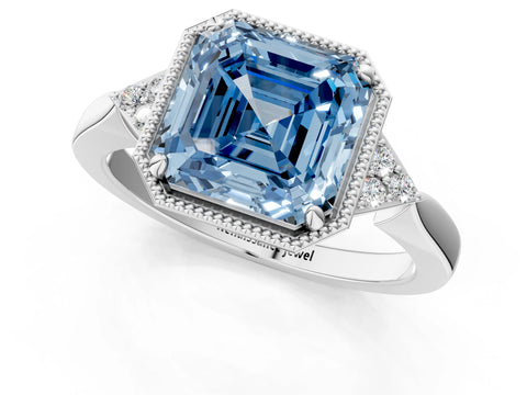 White gold Hexagonal Halo Fancy Blue Asscher Cut Diamond Solitaire with Pavé Band and Four-Prong Setting_16