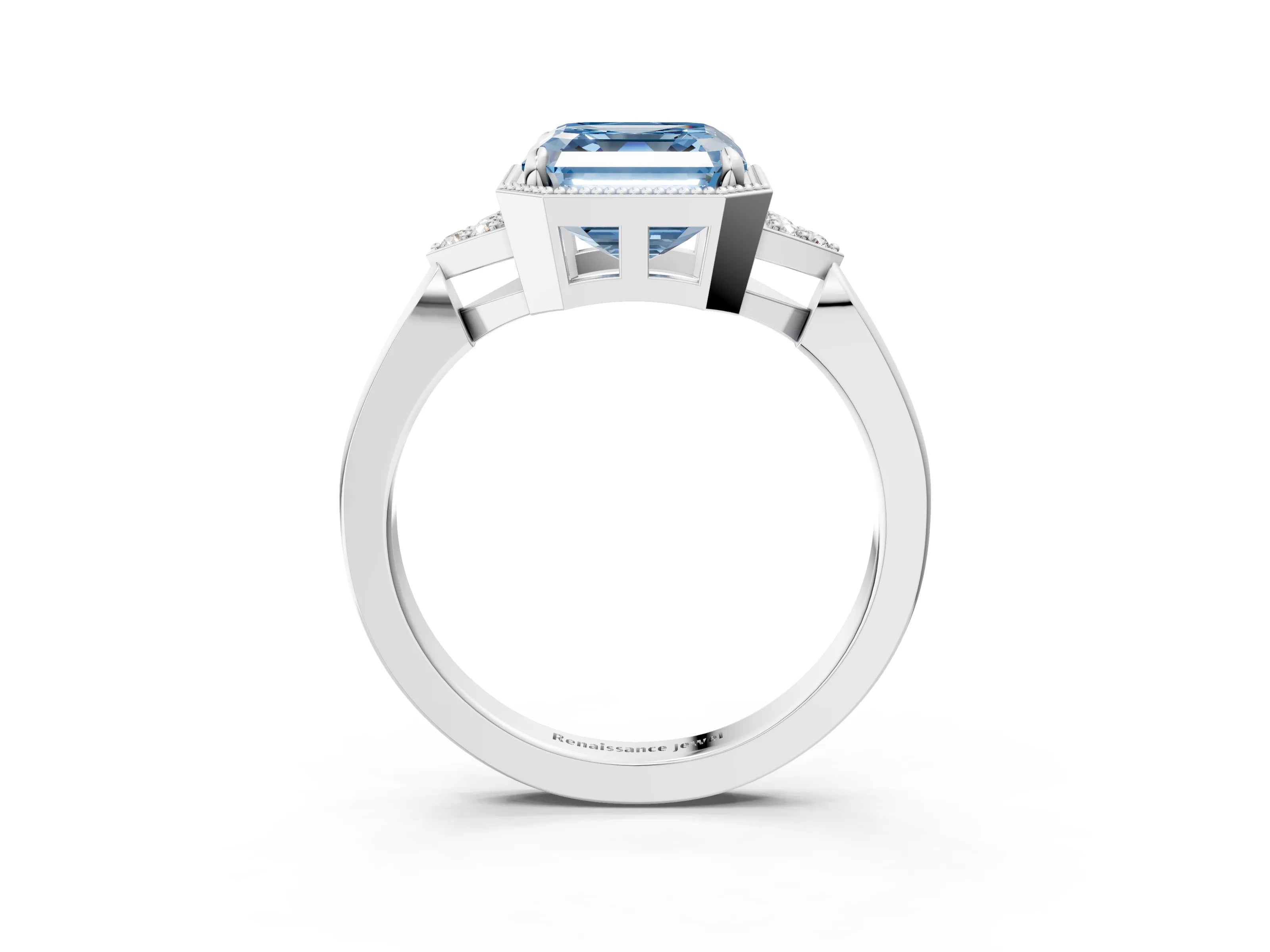 White gold Hexagonal Halo Fancy Blue Asscher Cut Diamond Solitaire with Pavé Band and Four-Prong Setting_18