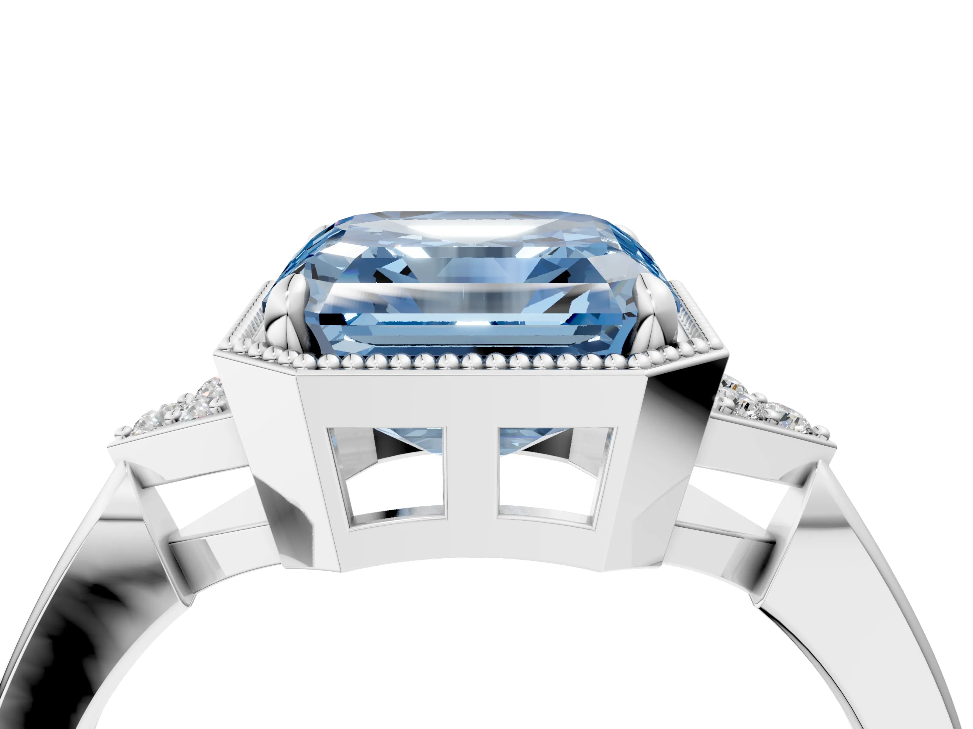 White gold Hexagonal Halo Fancy Blue Asscher Cut Diamond Solitaire with Pavé Band and Four-Prong Setting_19