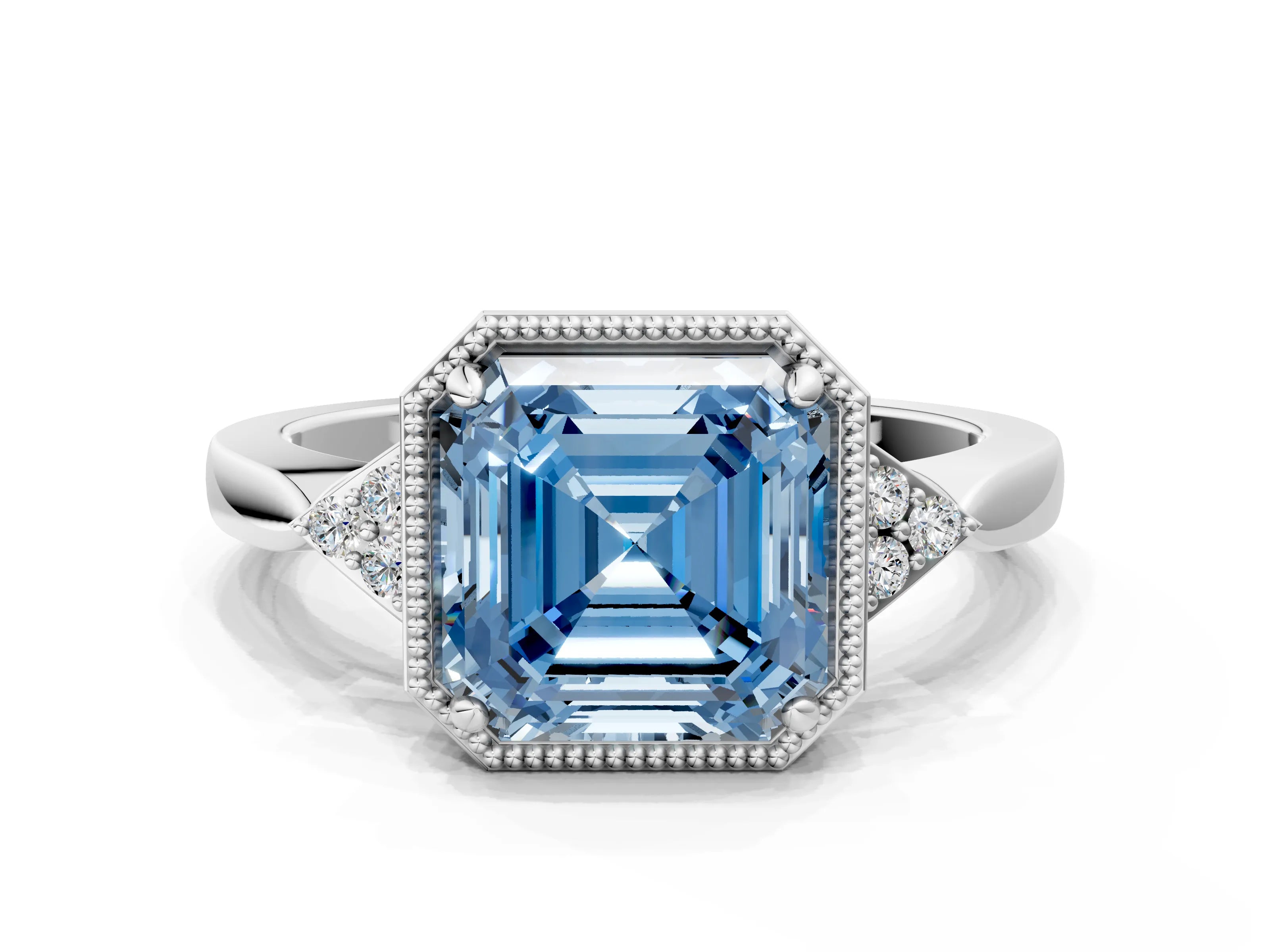 White gold Hexagonal Halo Fancy Blue Asscher Cut Diamond Solitaire with Pavé Band and Four-Prong Setting_3