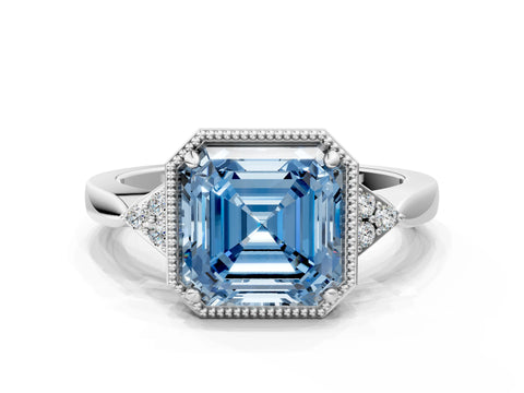 White gold Hexagonal Halo Fancy Blue Asscher Cut Diamond Solitaire with Pavé Band and Four-Prong Setting_3