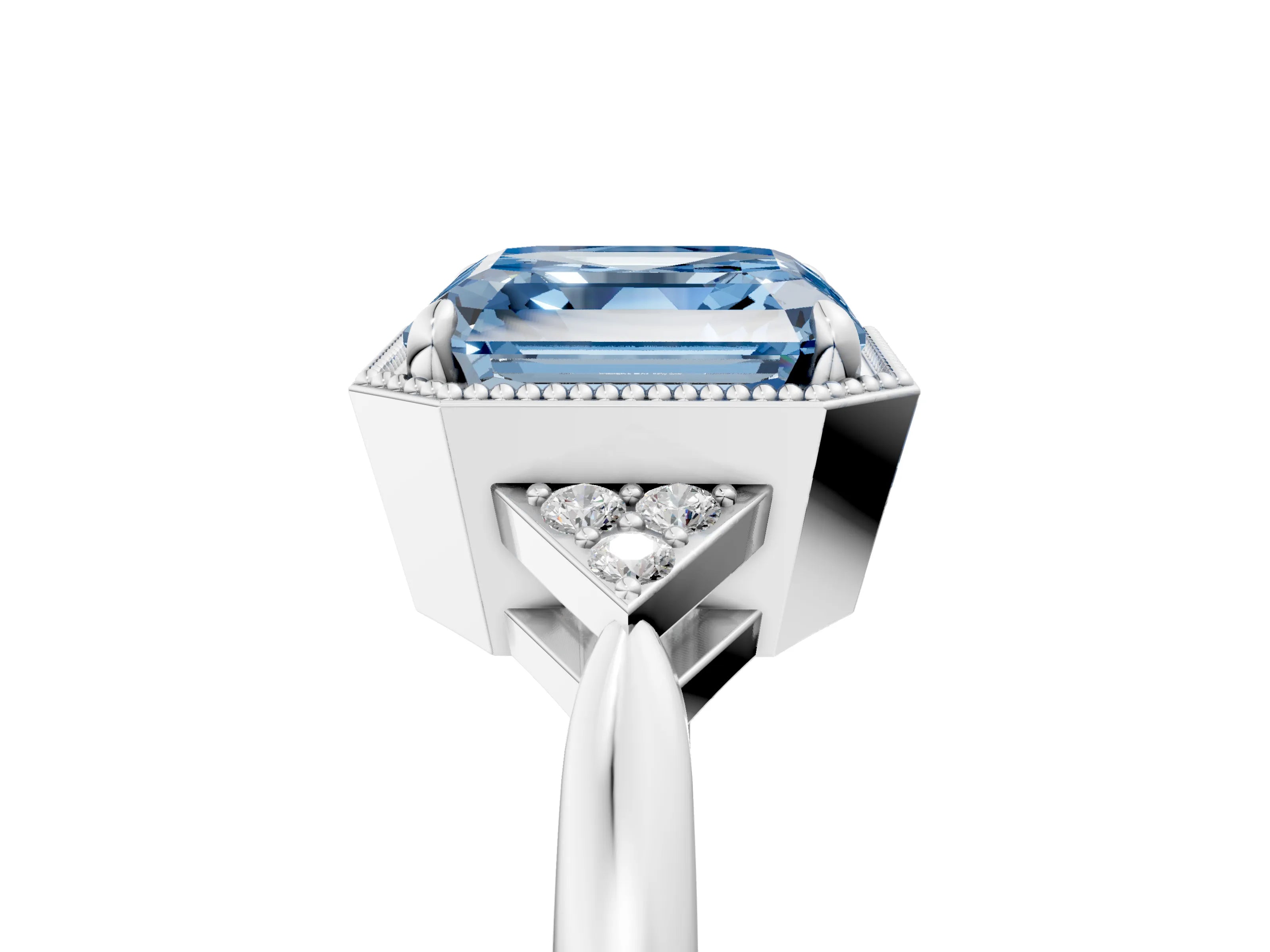 White gold Hexagonal Halo Fancy Blue Asscher Cut Diamond Solitaire with Pavé Band and Four-Prong Setting_8