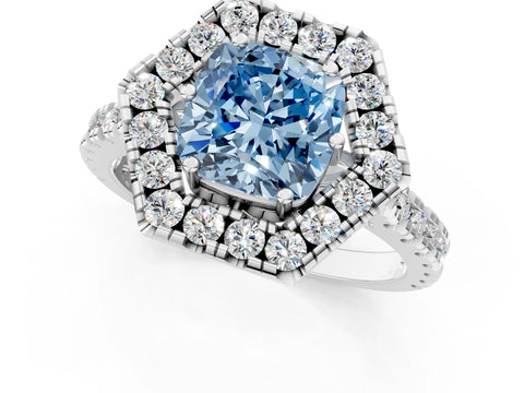 White gold Hexagonal Halo Fancy Blue Cushion Cut Diamond Pavé Band with Four-Prong Setting_1