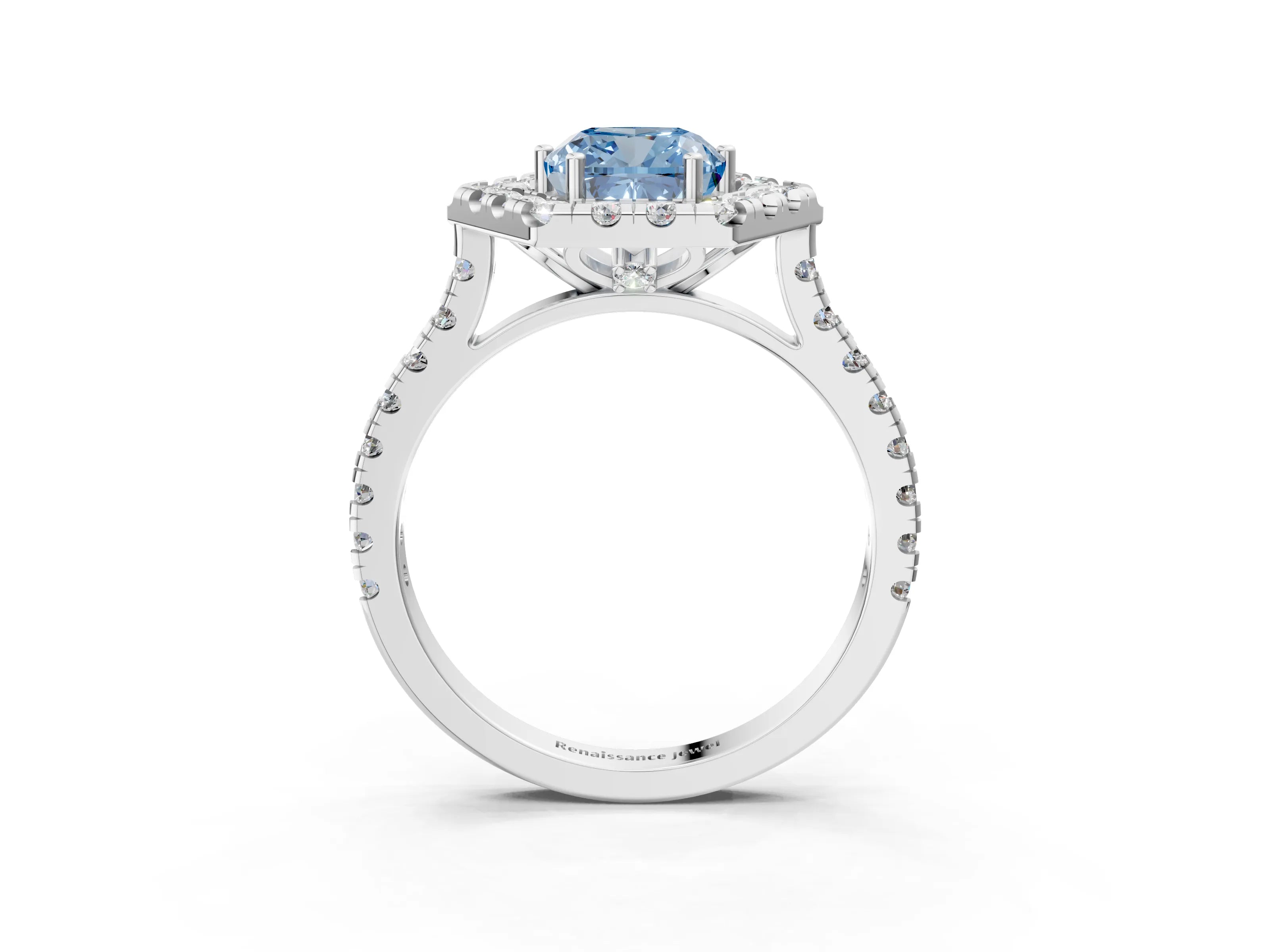 White gold Hexagonal Halo Fancy Blue Cushion Cut Diamond Pavé Band with Four-Prong Setting_3