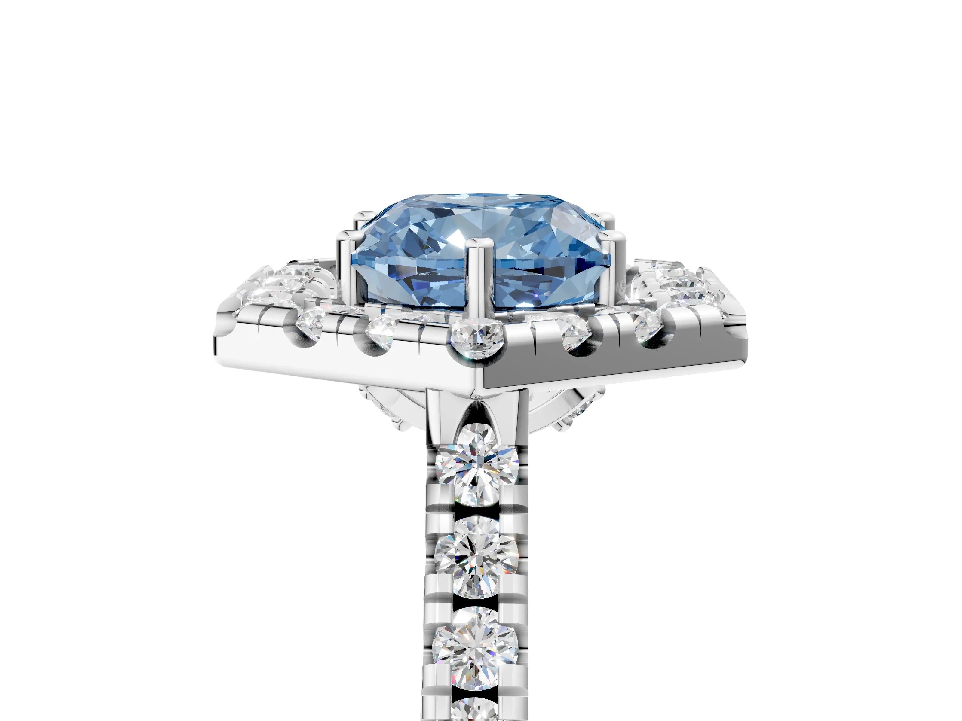 White gold Hexagonal Halo Fancy Blue Cushion Cut Diamond Pavé Band with Four-Prong Setting_5