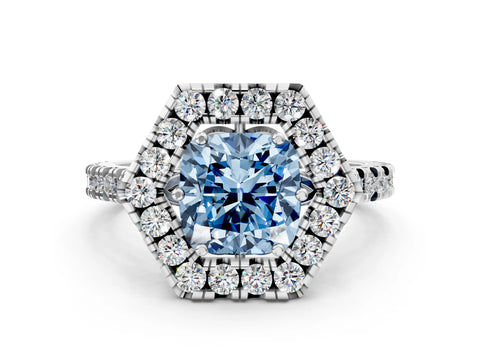 White gold Hexagonal Halo Fancy Blue Cushion Cut Diamond Pavé Band with Four-Prong Setting