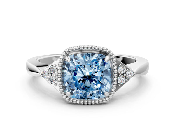 White gold Hexagonal Halo Fancy Blue Cushion Cut Diamond Solitaire with Pavé Band and Four-Prong Setting