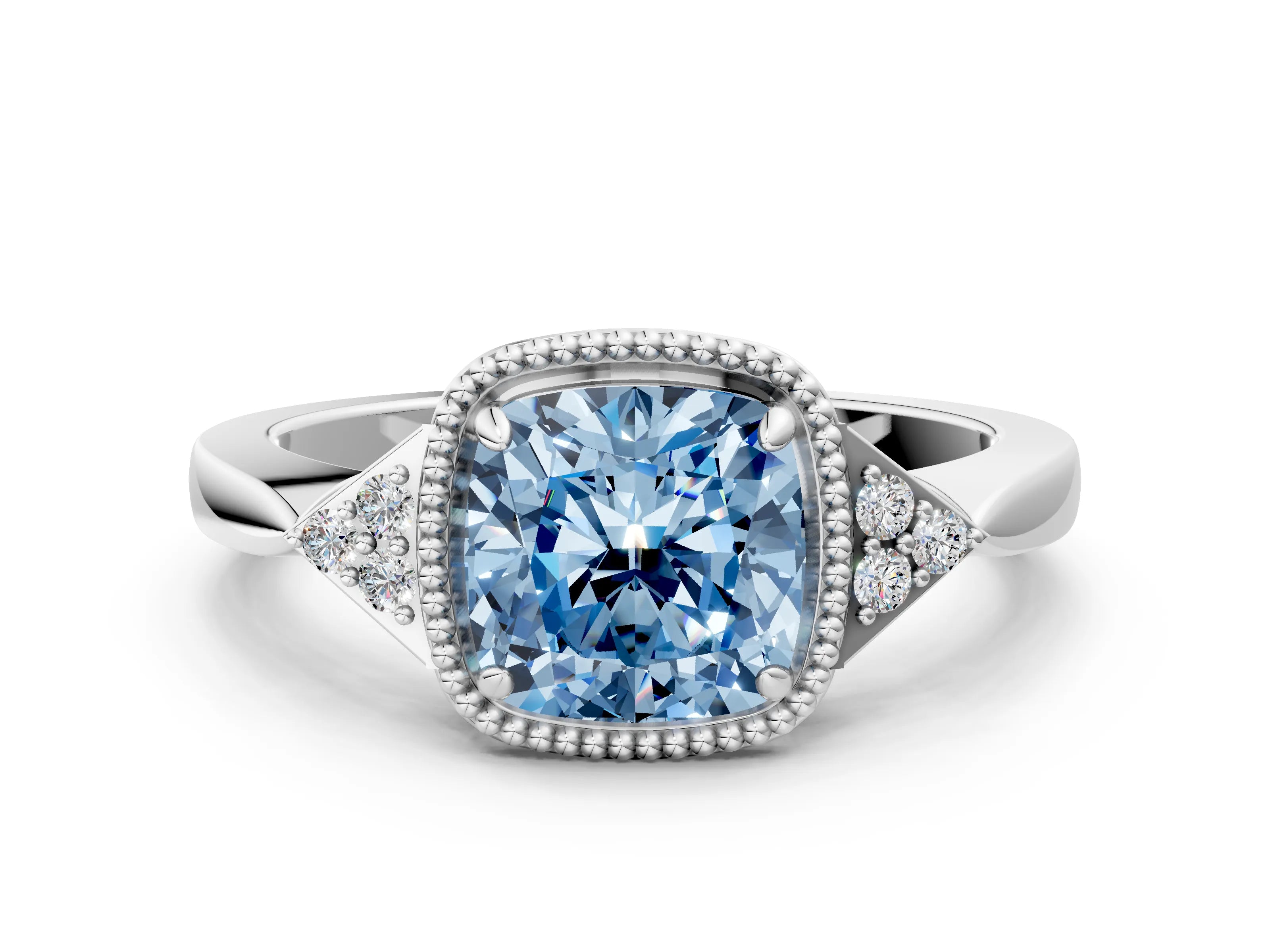 White gold Hexagonal Halo Fancy Blue Cushion Cut Diamond Solitaire with Pavé Band and Four-Prong Setting_15