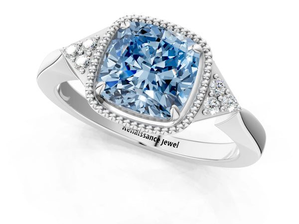 White gold Hexagonal Halo Fancy Blue Cushion Cut Diamond Solitaire with Pavé Band and Four-Prong Setting