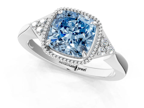 White gold Hexagonal Halo Fancy Blue Cushion Cut Diamond Solitaire with Pavé Band and Four-Prong Setting_16