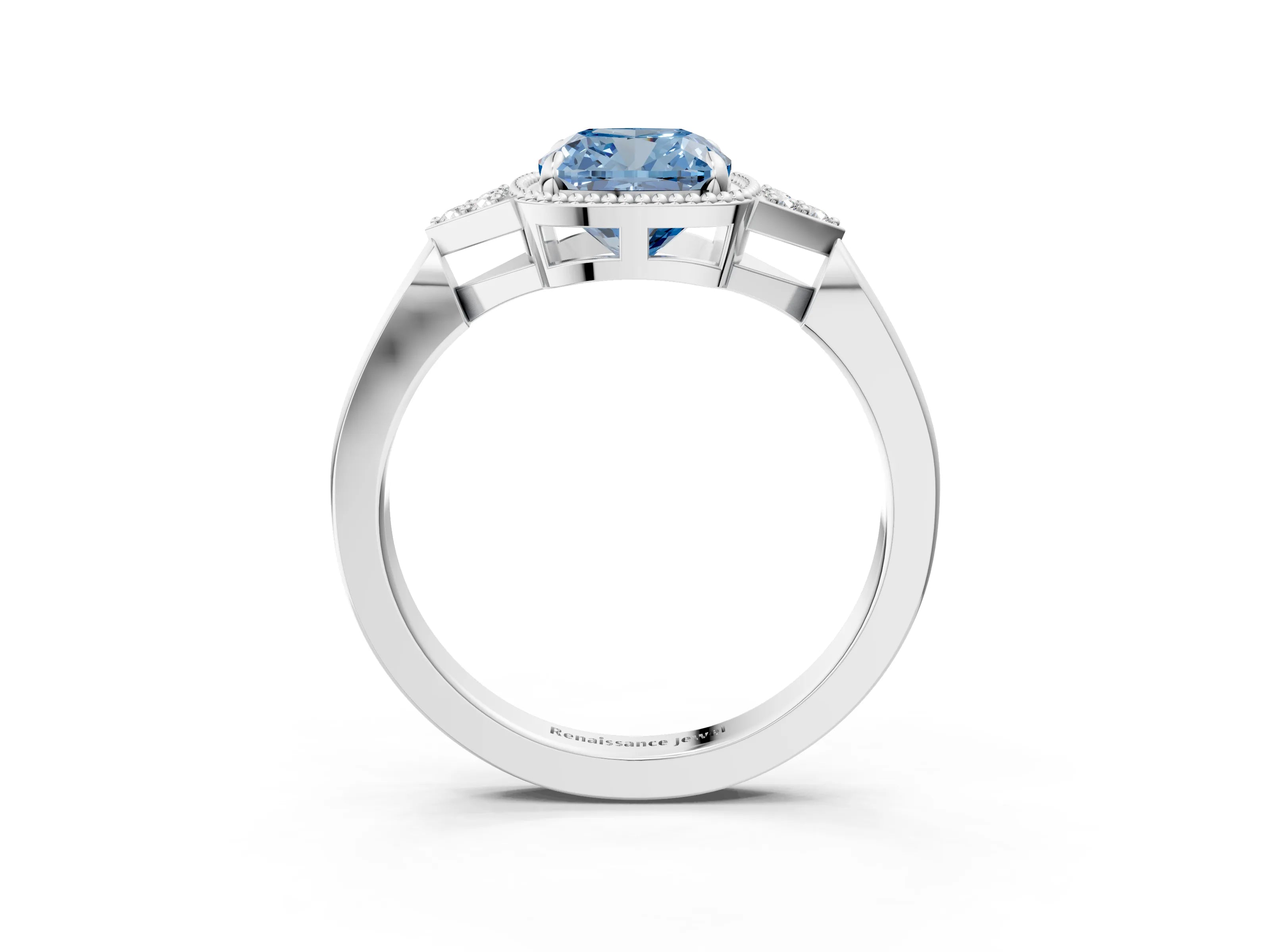 White gold Hexagonal Halo Fancy Blue Cushion Cut Diamond Solitaire with Pavé Band and Four-Prong Setting_18
