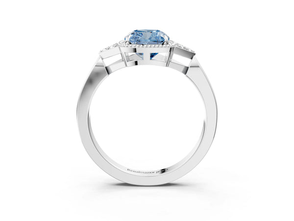 White gold Hexagonal Halo Fancy Blue Cushion Cut Diamond Solitaire with Pavé Band and Four-Prong Setting