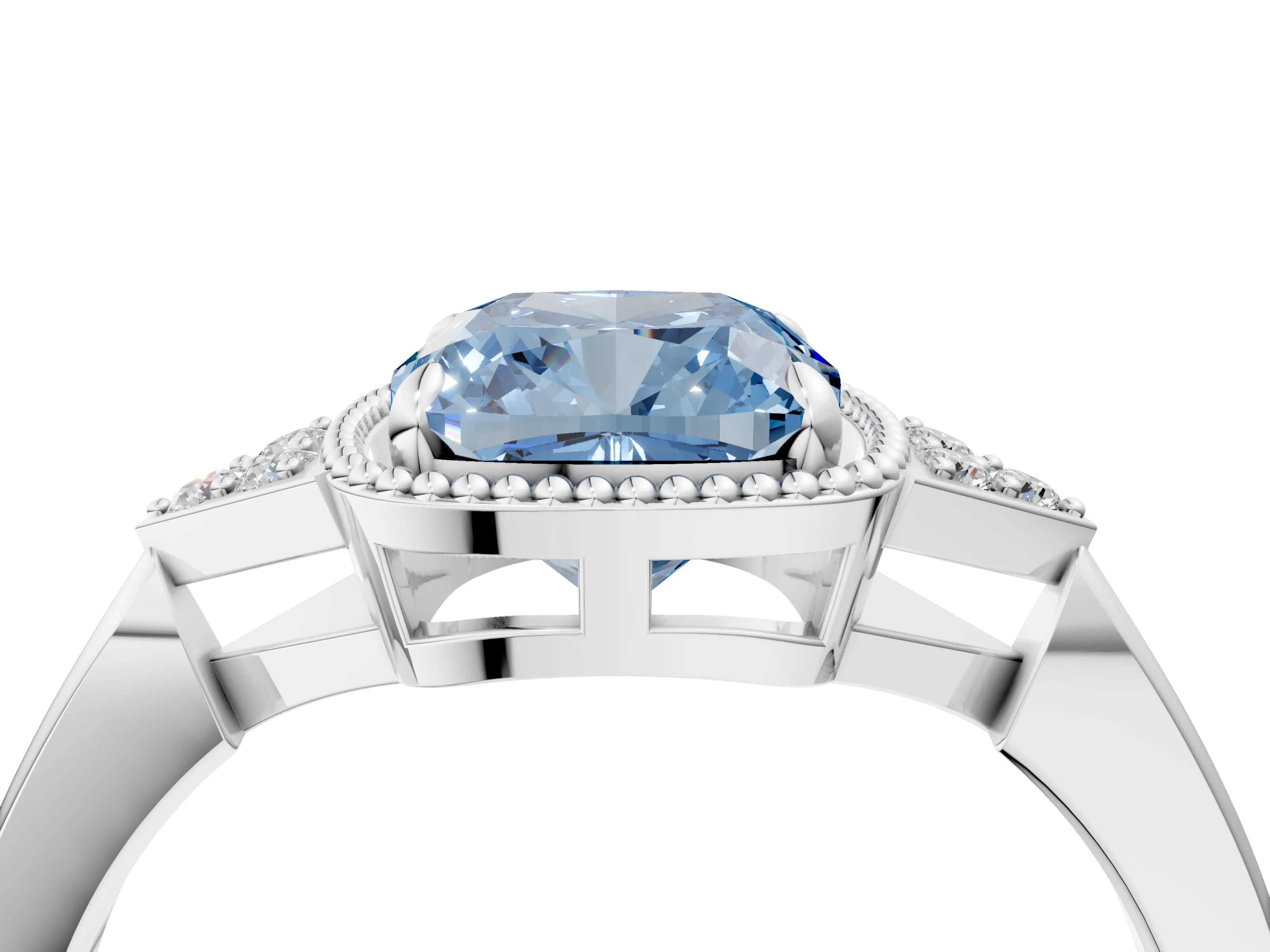 White gold Hexagonal Halo Fancy Blue Cushion Cut Diamond Solitaire with Pavé Band and Four-Prong Setting_19