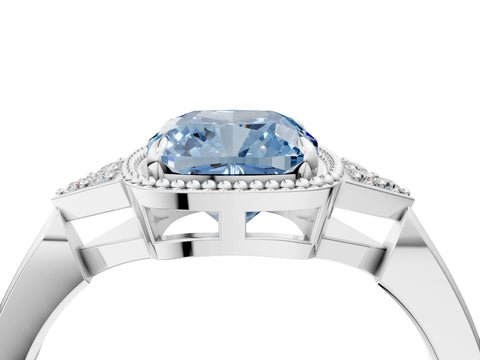 White gold Hexagonal Halo Fancy Blue Cushion Cut Diamond Solitaire with Pavé Band and Four-Prong Setting_19