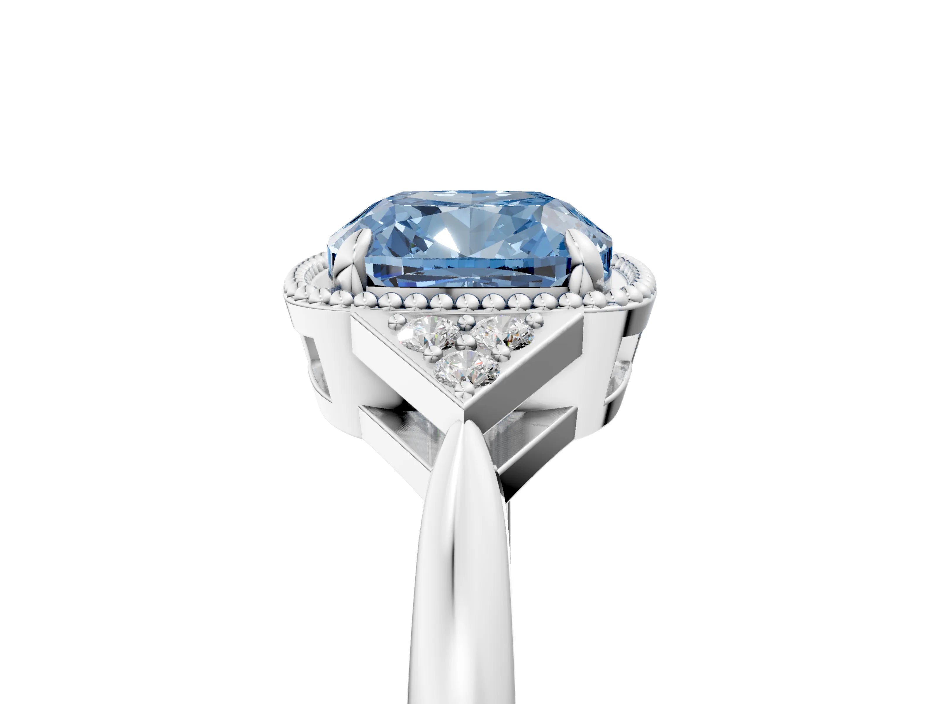 White gold Hexagonal Halo Fancy Blue Cushion Cut Diamond Solitaire with Pavé Band and Four-Prong Setting_20