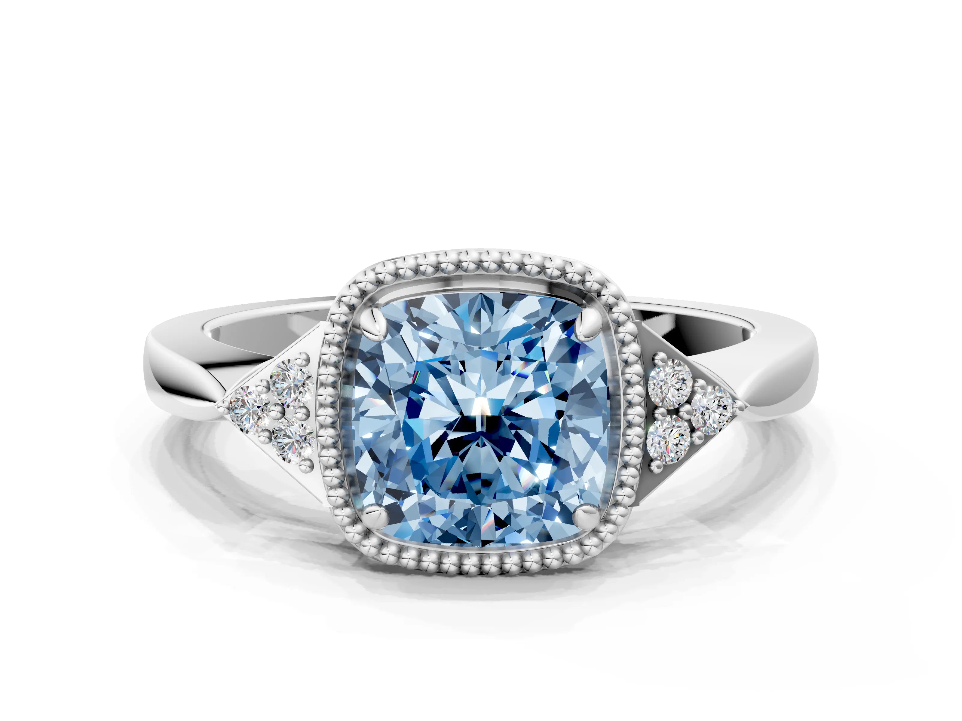 White gold Hexagonal Halo Fancy Blue Cushion Cut Diamond Solitaire with Pavé Band and Four-Prong Setting_3