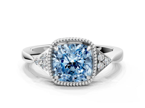 White gold Hexagonal Halo Fancy Blue Cushion Cut Diamond Solitaire with Pavé Band and Four-Prong Setting_3