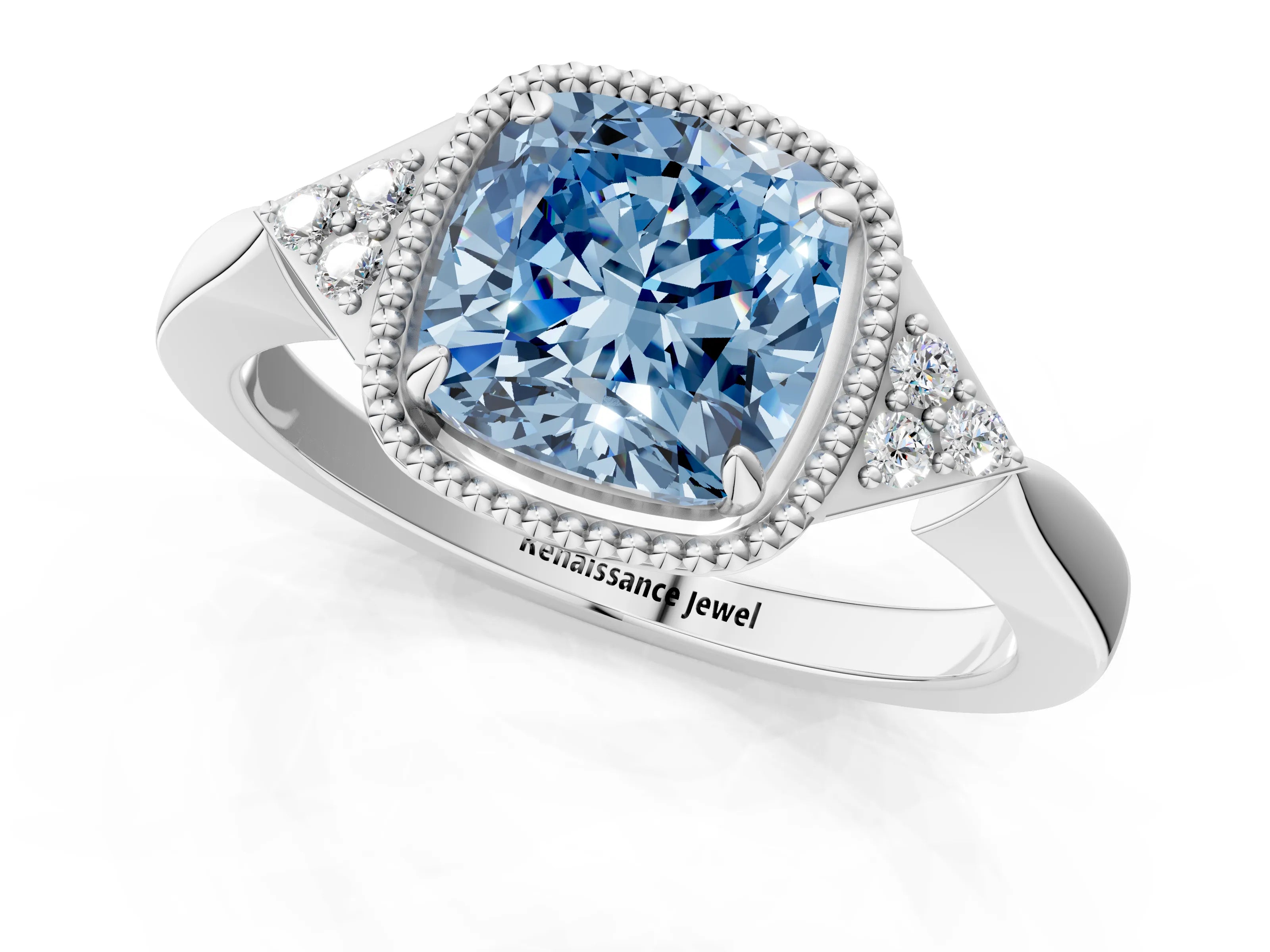 White gold Hexagonal Halo Fancy Blue Cushion Cut Diamond Solitaire with Pavé Band and Four-Prong Setting_4