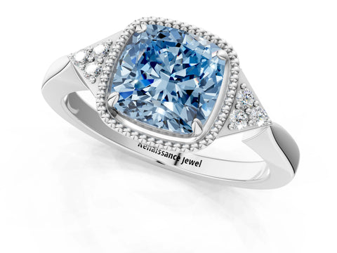 White gold Hexagonal Halo Fancy Blue Cushion Cut Diamond Solitaire with Pavé Band and Four-Prong Setting_4
