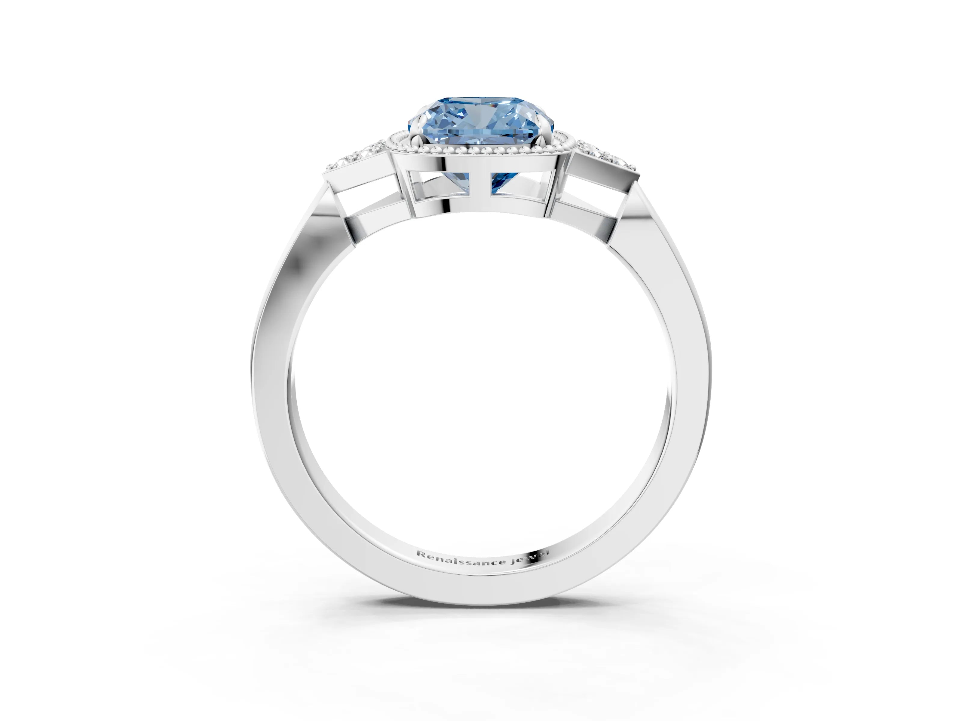 White gold Hexagonal Halo Fancy Blue Cushion Cut Diamond Solitaire with Pavé Band and Four-Prong Setting_6