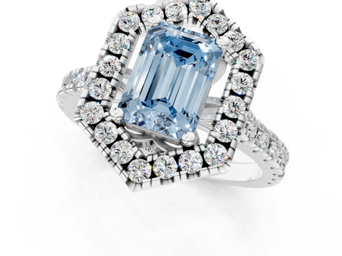 White gold Hexagonal Halo Fancy Blue Emerald Cut Diamond Pavé Band with Four-Prong Setting_1