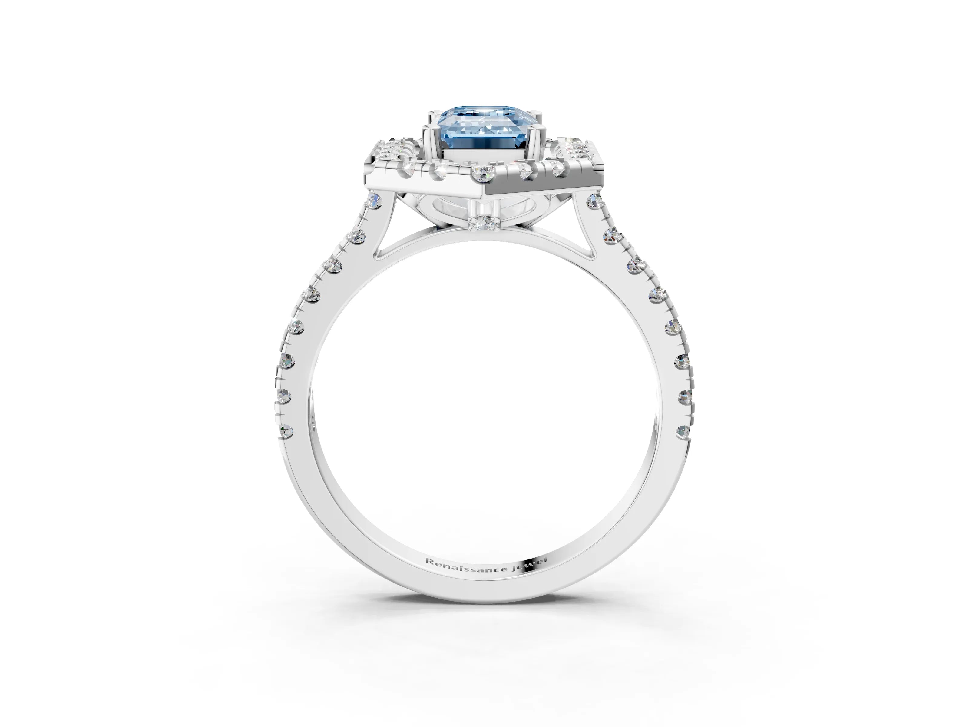 White gold Hexagonal Halo Fancy Blue Emerald Cut Diamond Pavé Band with Four-Prong Setting_3