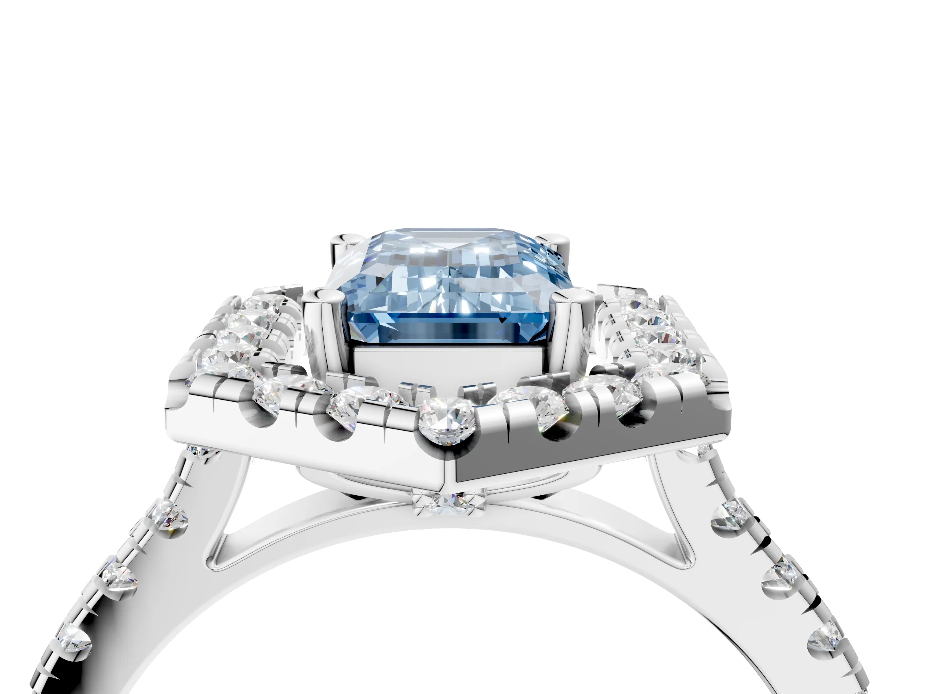 White gold Hexagonal Halo Fancy Blue Emerald Cut Diamond Pavé Band with Four-Prong Setting_4