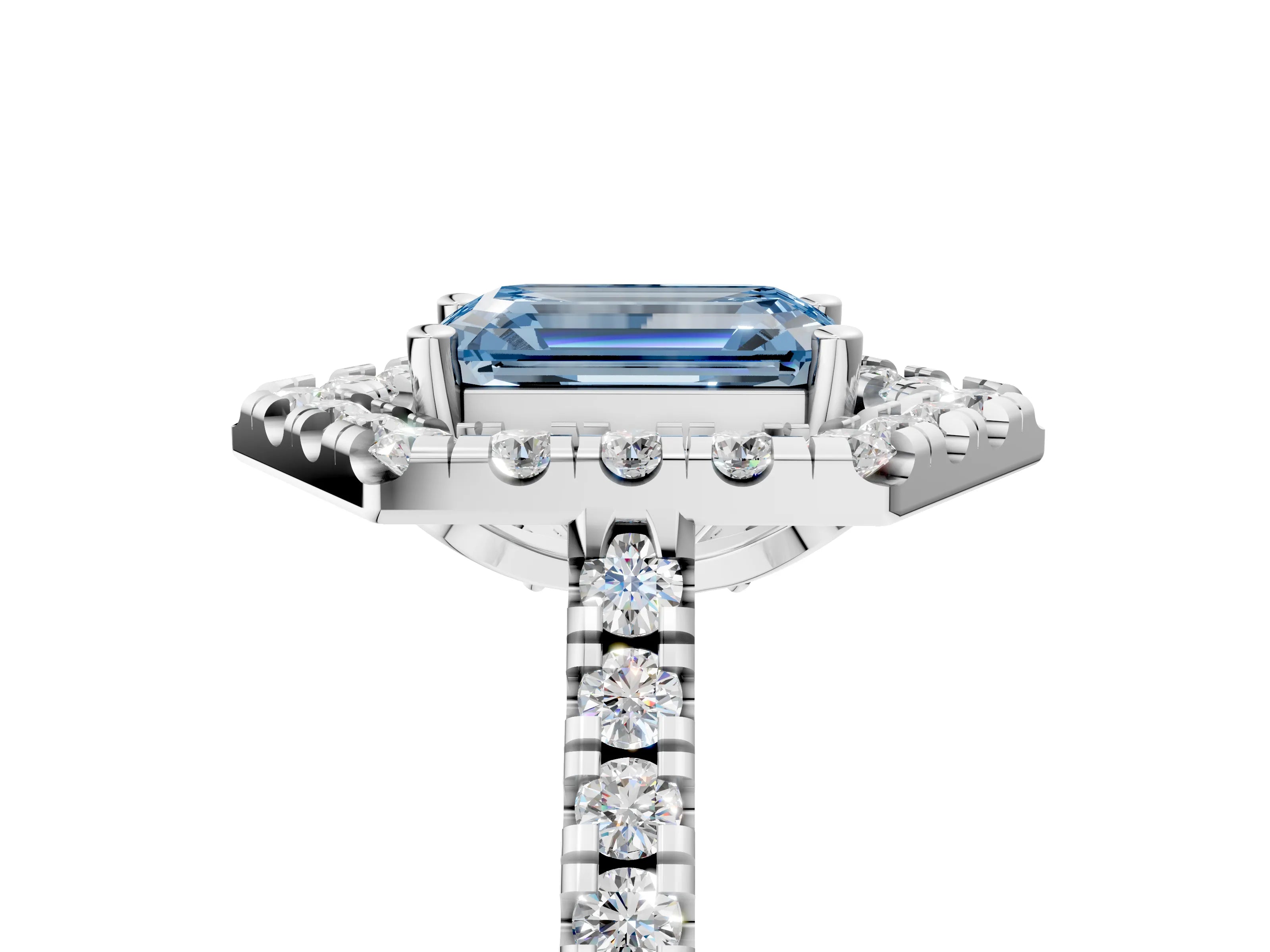 White gold Hexagonal Halo Fancy Blue Emerald Cut Diamond Pavé Band with Four-Prong Setting_5