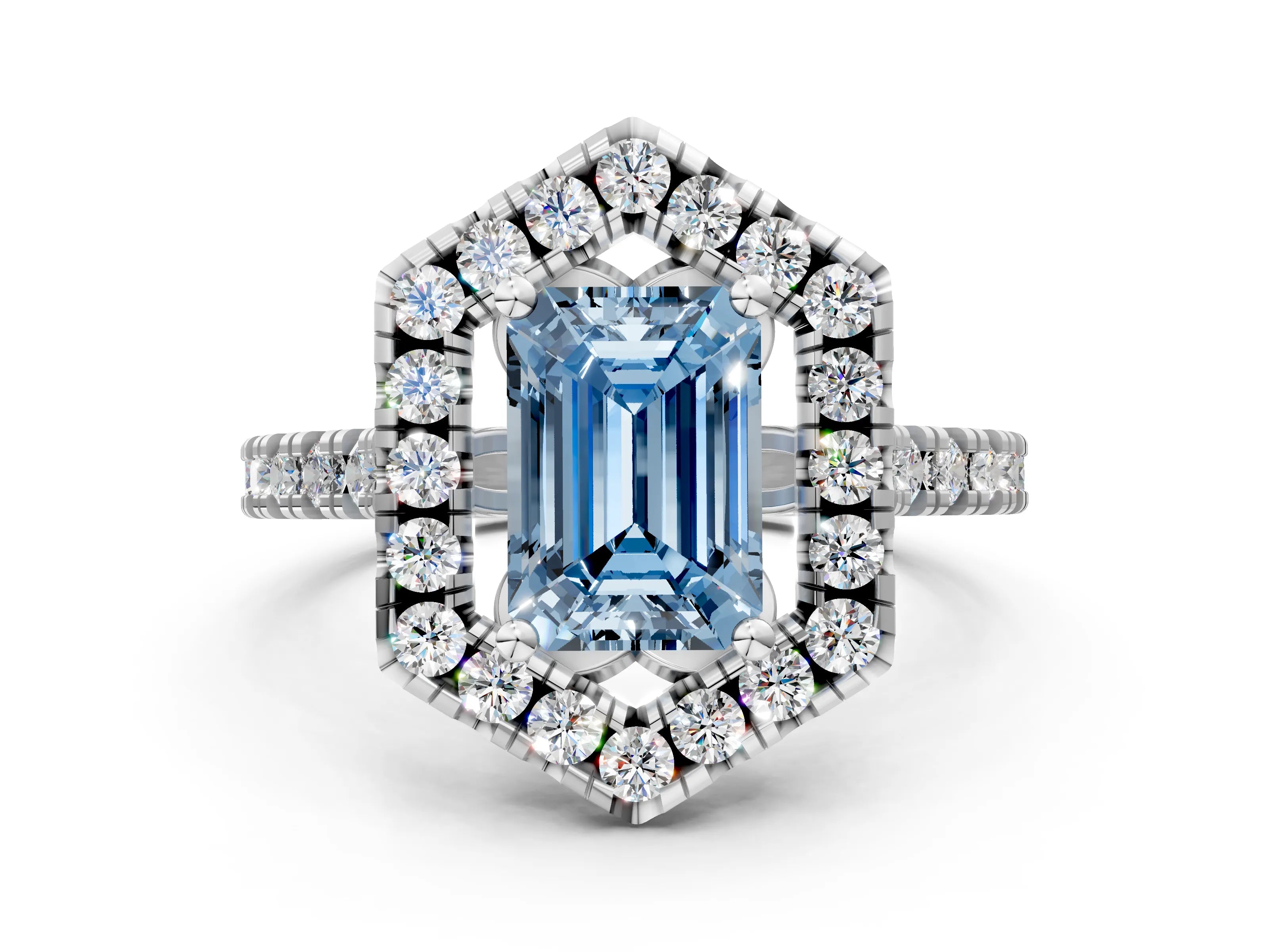 White gold Hexagonal Halo Fancy Blue Emerald Cut Diamond Pavé Band with Four-Prong Setting