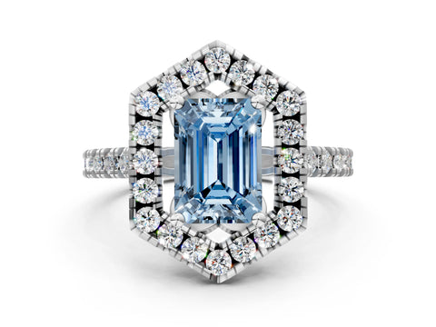 White gold Hexagonal Halo Fancy Blue Emerald Cut Diamond Pavé Band with Four-Prong Setting