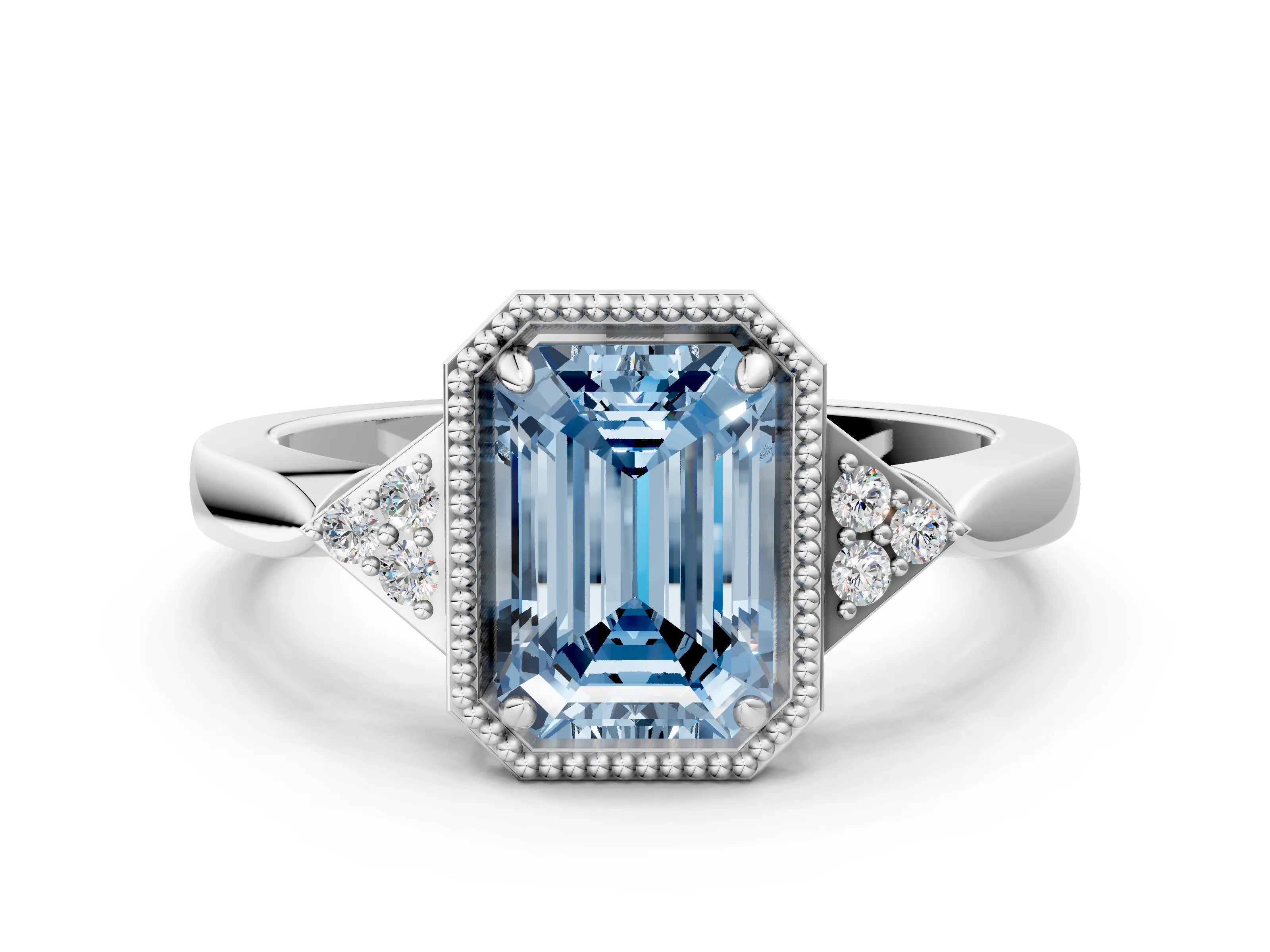 White gold Hexagonal Halo Fancy Blue Emerald Cut Diamond Solitaire with Pavé Band and Four-Prong Setting_15