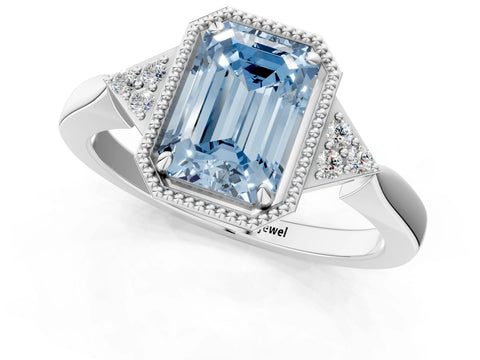 White gold Hexagonal Halo Fancy Blue Emerald Cut Diamond Solitaire with Pavé Band and Four-Prong Setting_16