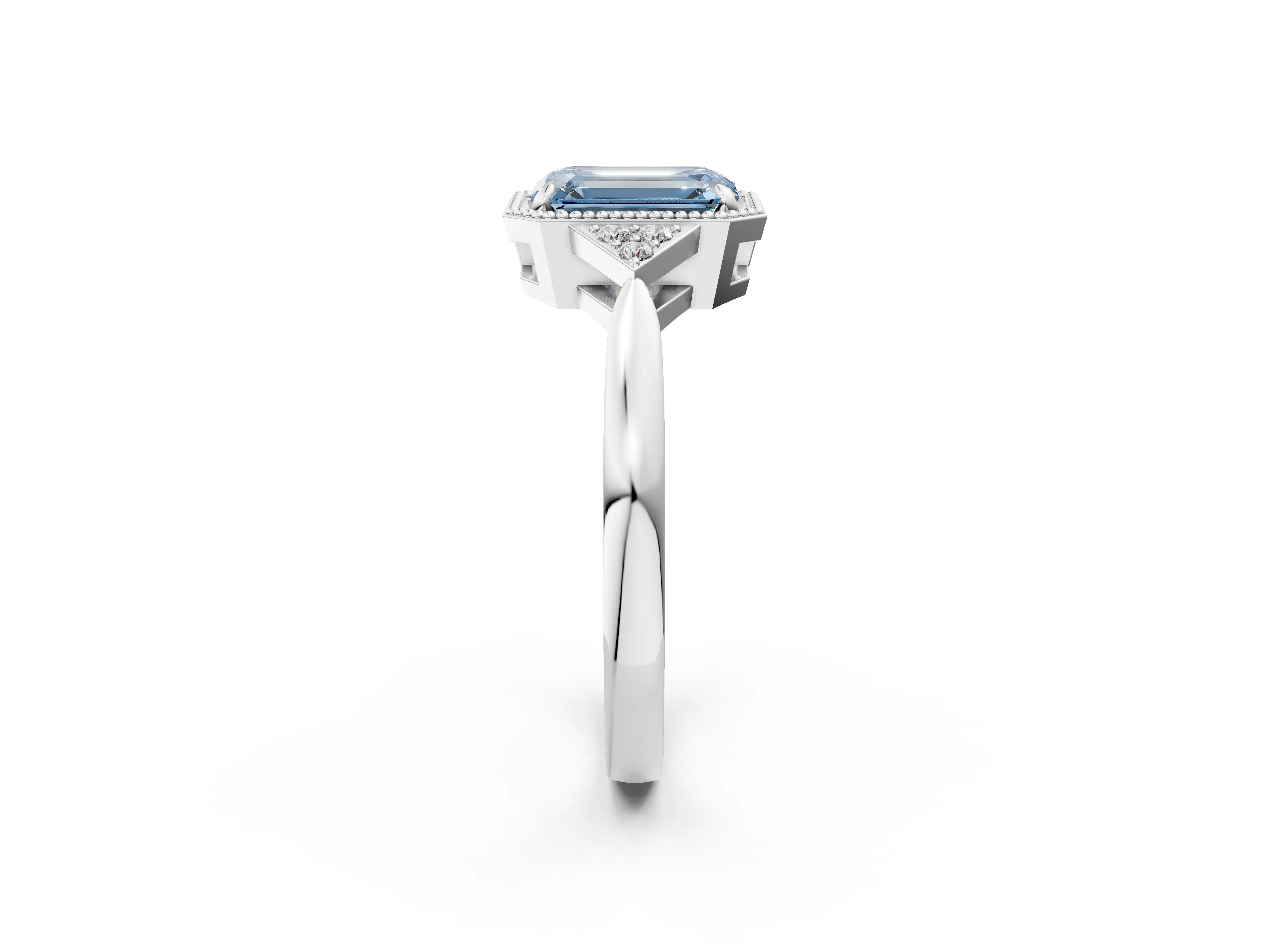 White gold Hexagonal Halo Fancy Blue Emerald Cut Diamond Solitaire with Pavé Band and Four-Prong Setting_17