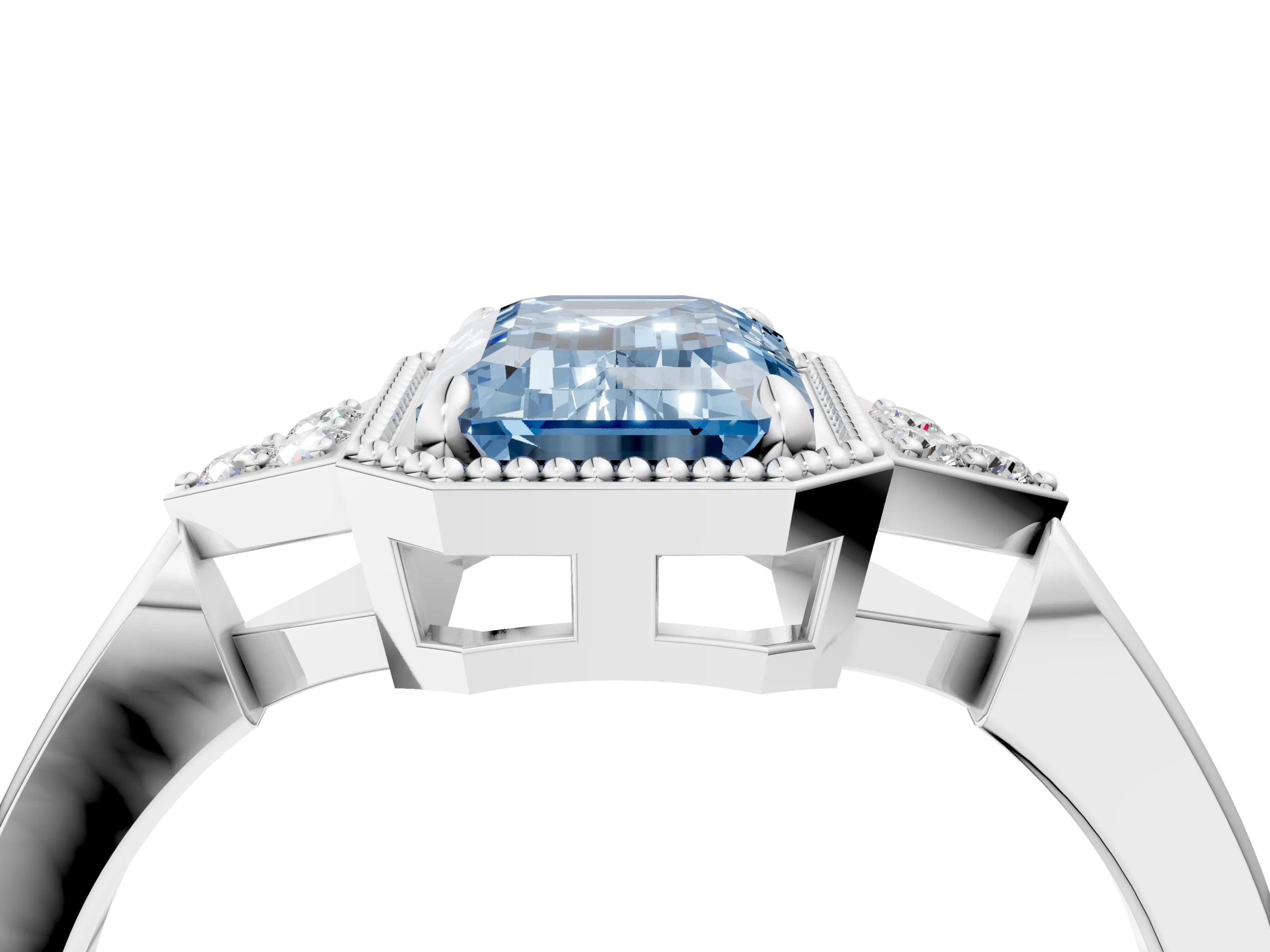 White gold Hexagonal Halo Fancy Blue Emerald Cut Diamond Solitaire with Pavé Band and Four-Prong Setting_19