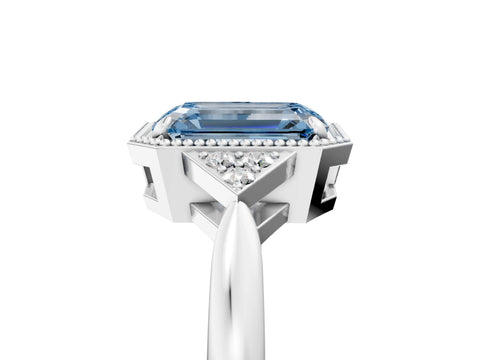 White gold Hexagonal Halo Fancy Blue Emerald Cut Diamond Solitaire with Pavé Band and Four-Prong Setting_20