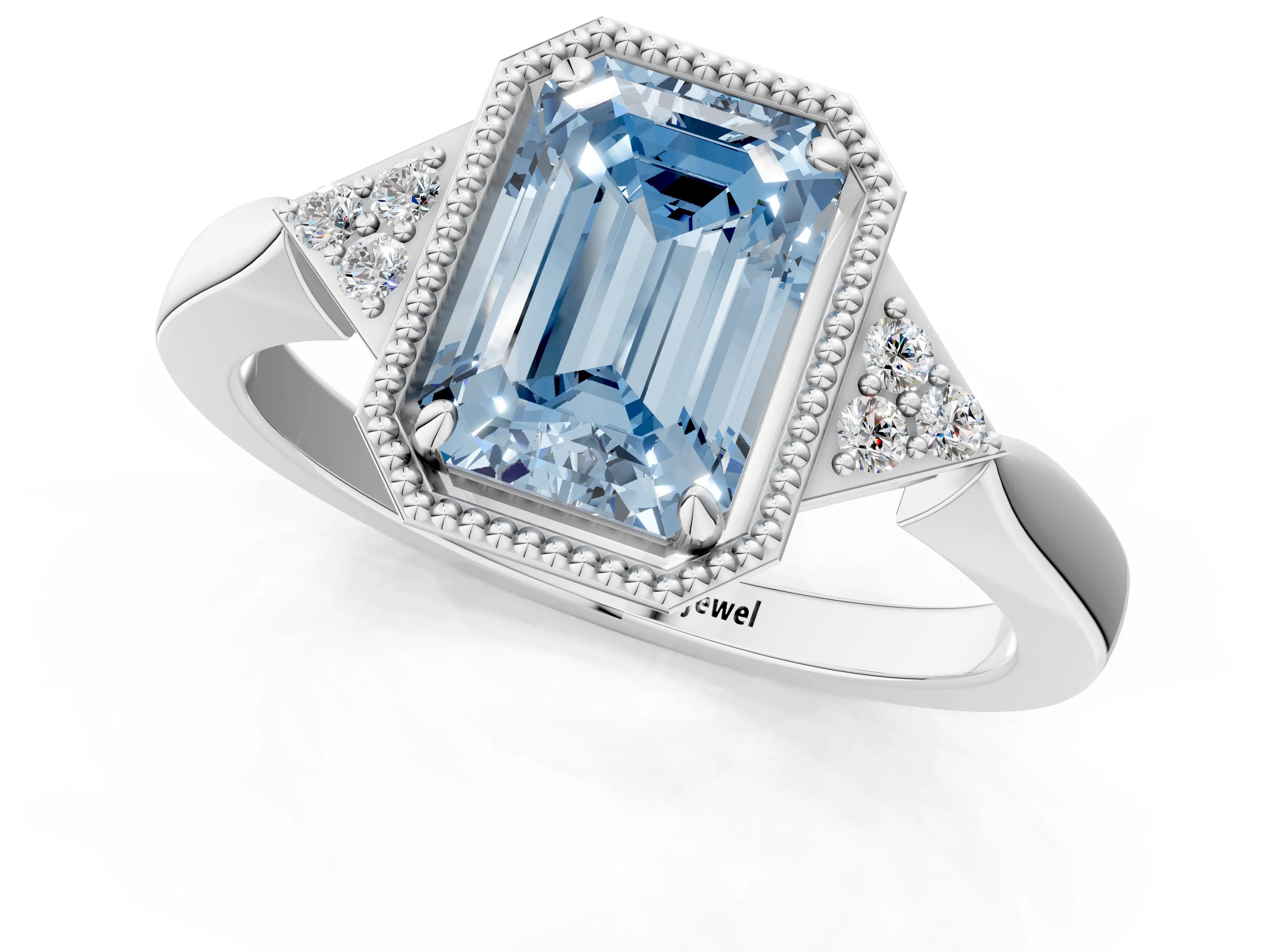 White gold Hexagonal Halo Fancy Blue Emerald Cut Diamond Solitaire with Pavé Band and Four-Prong Setting_4