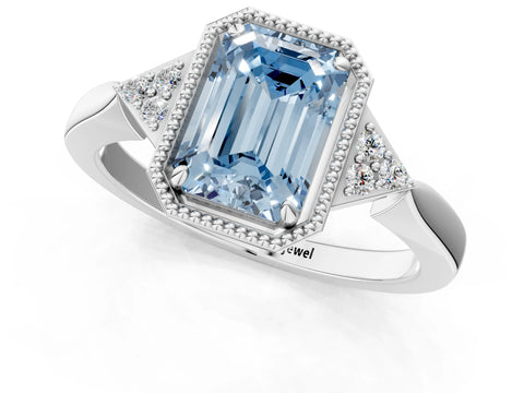 White gold Hexagonal Halo Fancy Blue Emerald Cut Diamond Solitaire with Pavé Band and Four-Prong Setting_4