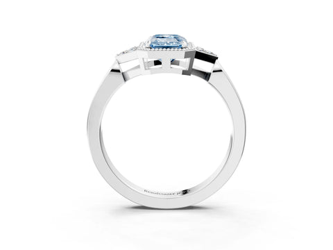 White gold Hexagonal Halo Fancy Blue Emerald Cut Diamond Solitaire with Pavé Band and Four-Prong Setting_6