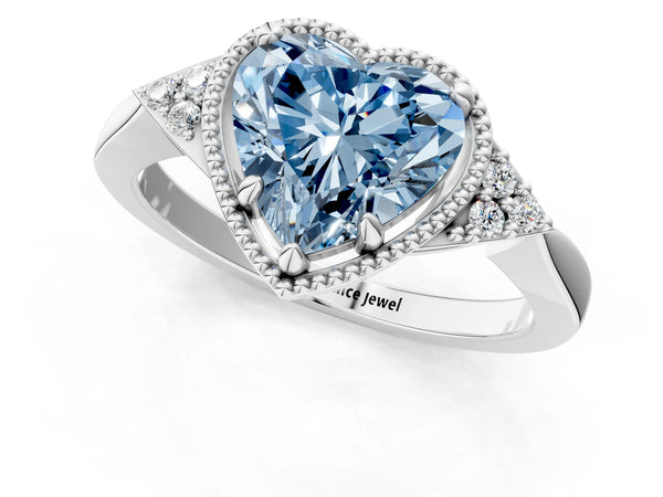 Platinum Hexagonal Halo Fancy Blue Heart Cut Diamond Solitaire with Pavé Band and Four-Prong Setting