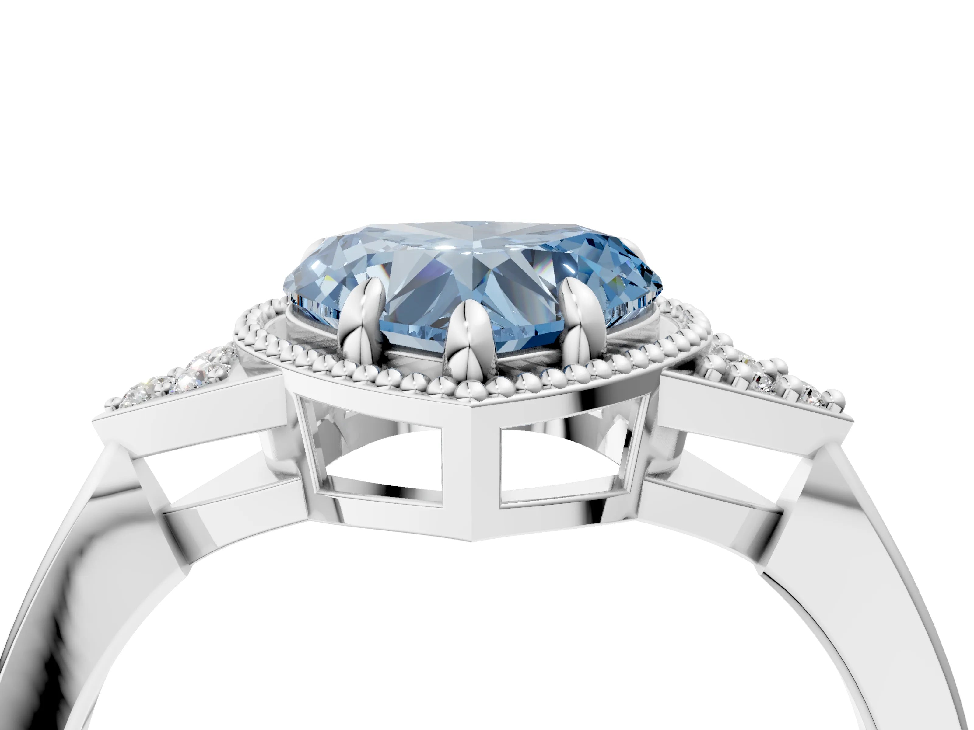 White gold Hexagonal Halo Fancy Blue Heart Cut Diamond Solitaire with Pavé Band and Four-Prong Setting_19