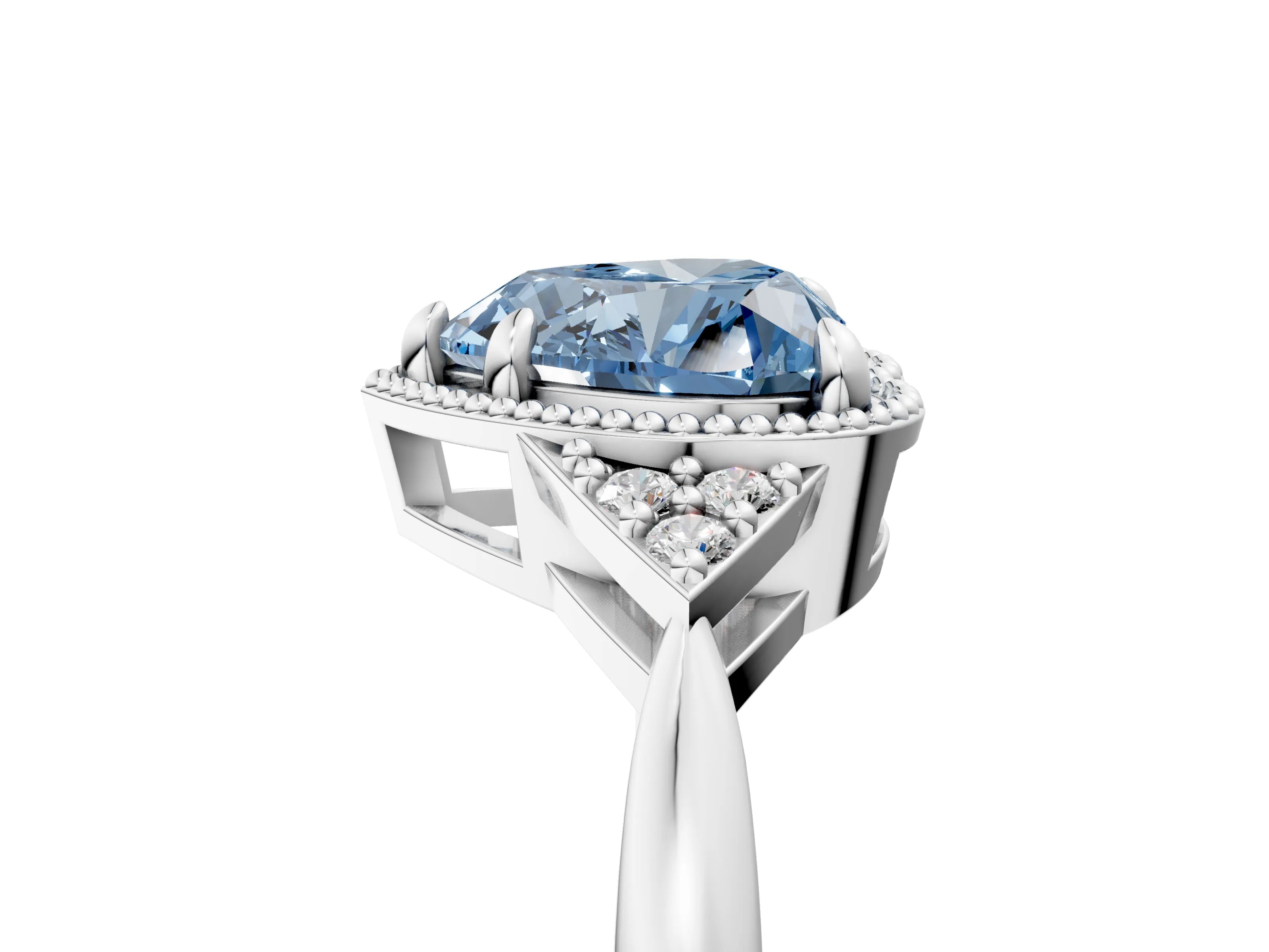 White gold Hexagonal Halo Fancy Blue Heart Cut Diamond Solitaire with Pavé Band and Four-Prong Setting_20